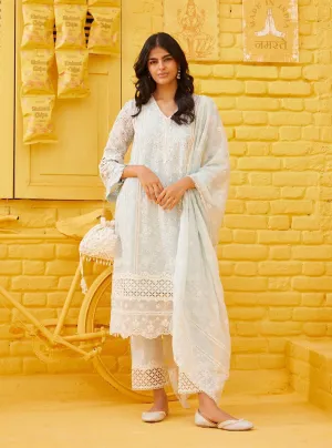 Mulmul Organza Venus Light Blue Kurta With Mulmul Cotton Venus Light Blue Pant