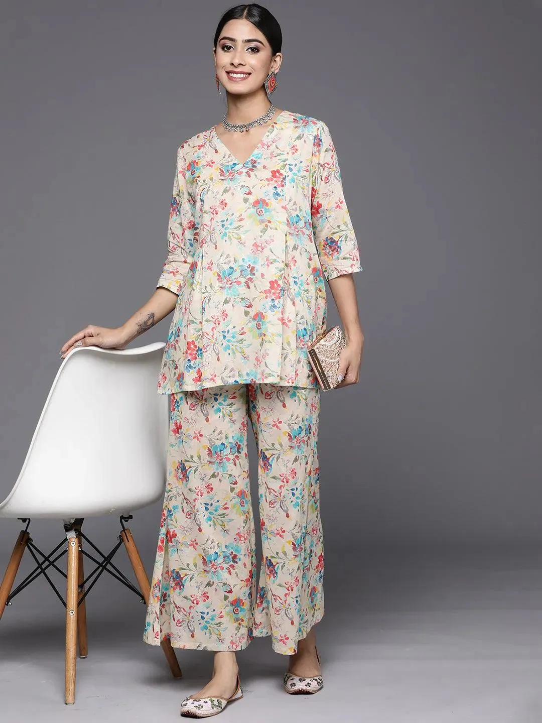 Multicoloured Printed Cotton A-Line Tunic With Palazzos