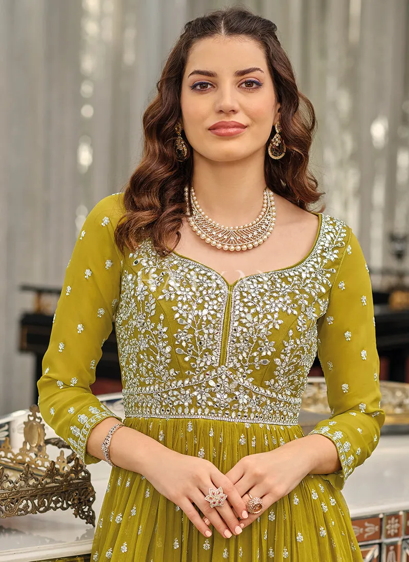 Olive Green Embroidered Traditional Anarkali Gown