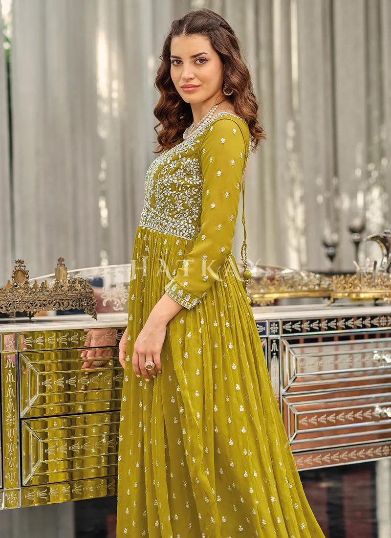 Olive Green Embroidered Traditional Anarkali Gown