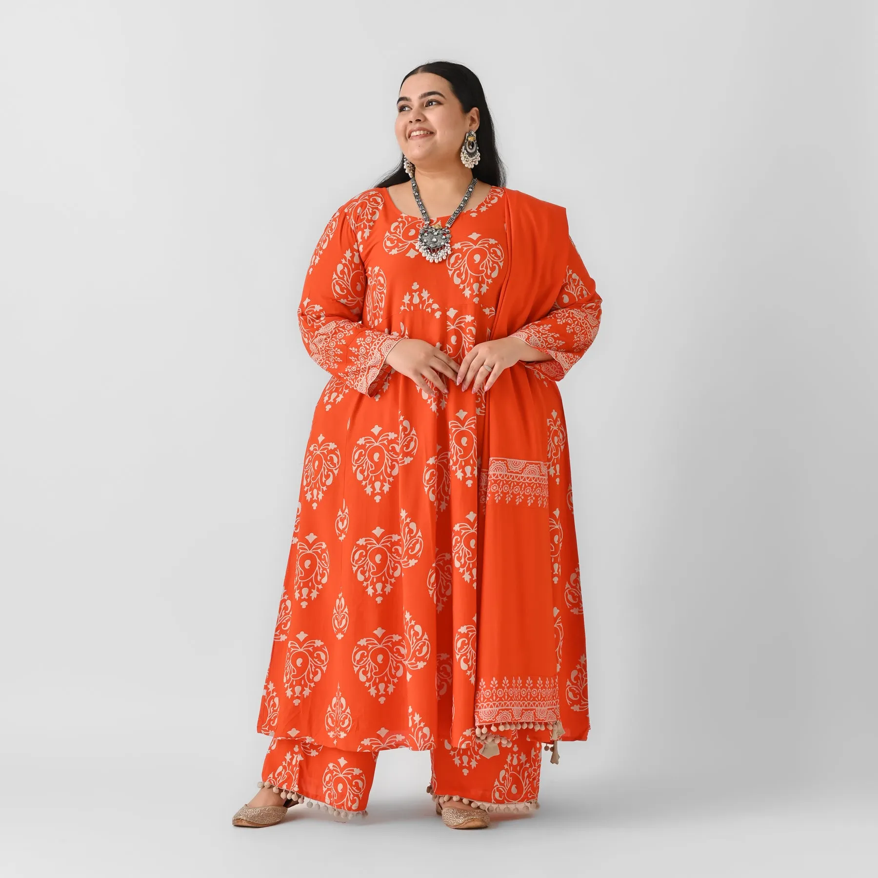 Orange Flared Kurta Dupatta Pant Set with Pompom Details - SOM