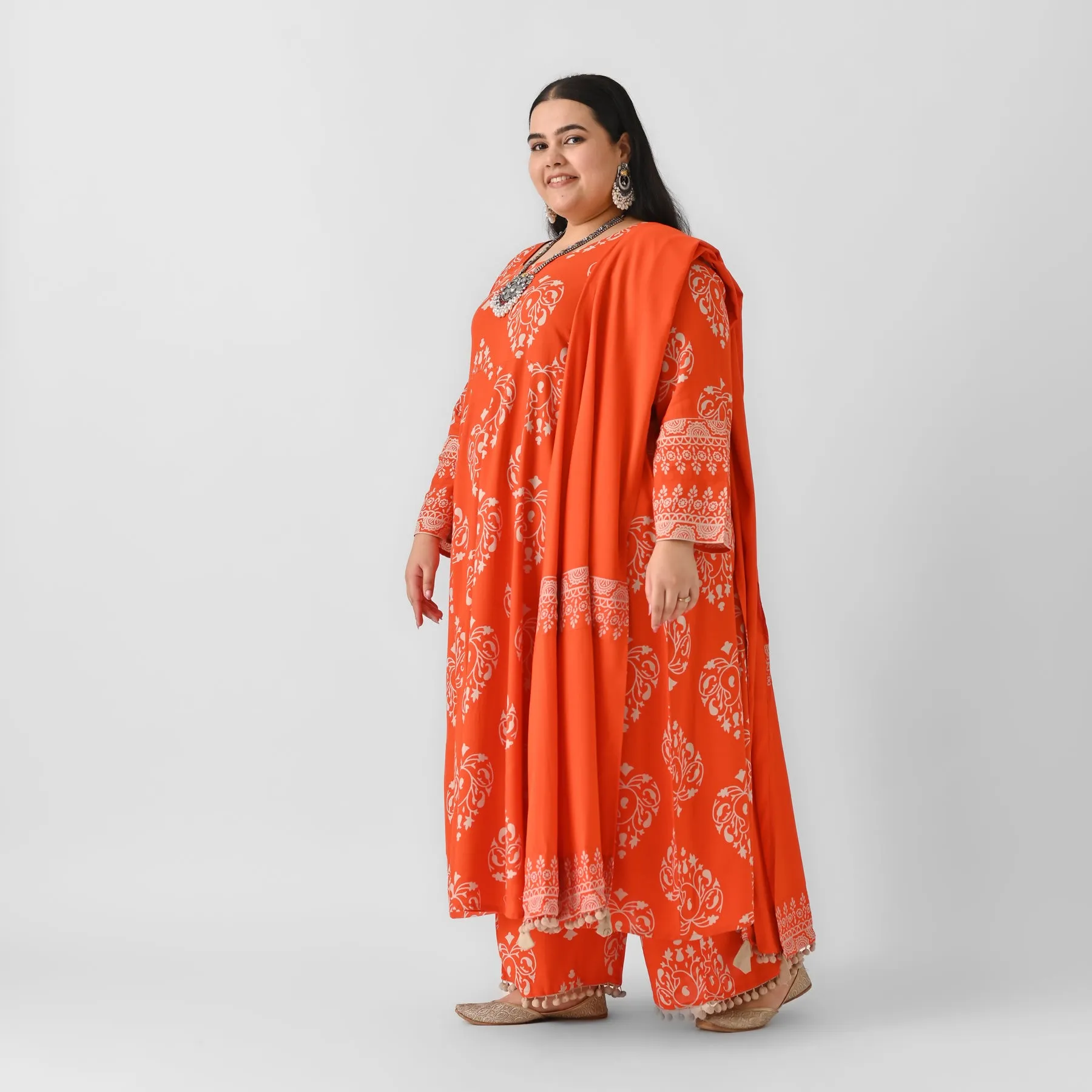 Orange Flared Kurta Dupatta Pant Set with Pompom Details - SOM