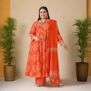 Orange Flared Kurta Dupatta Pant Set with Pompom Details - SOM