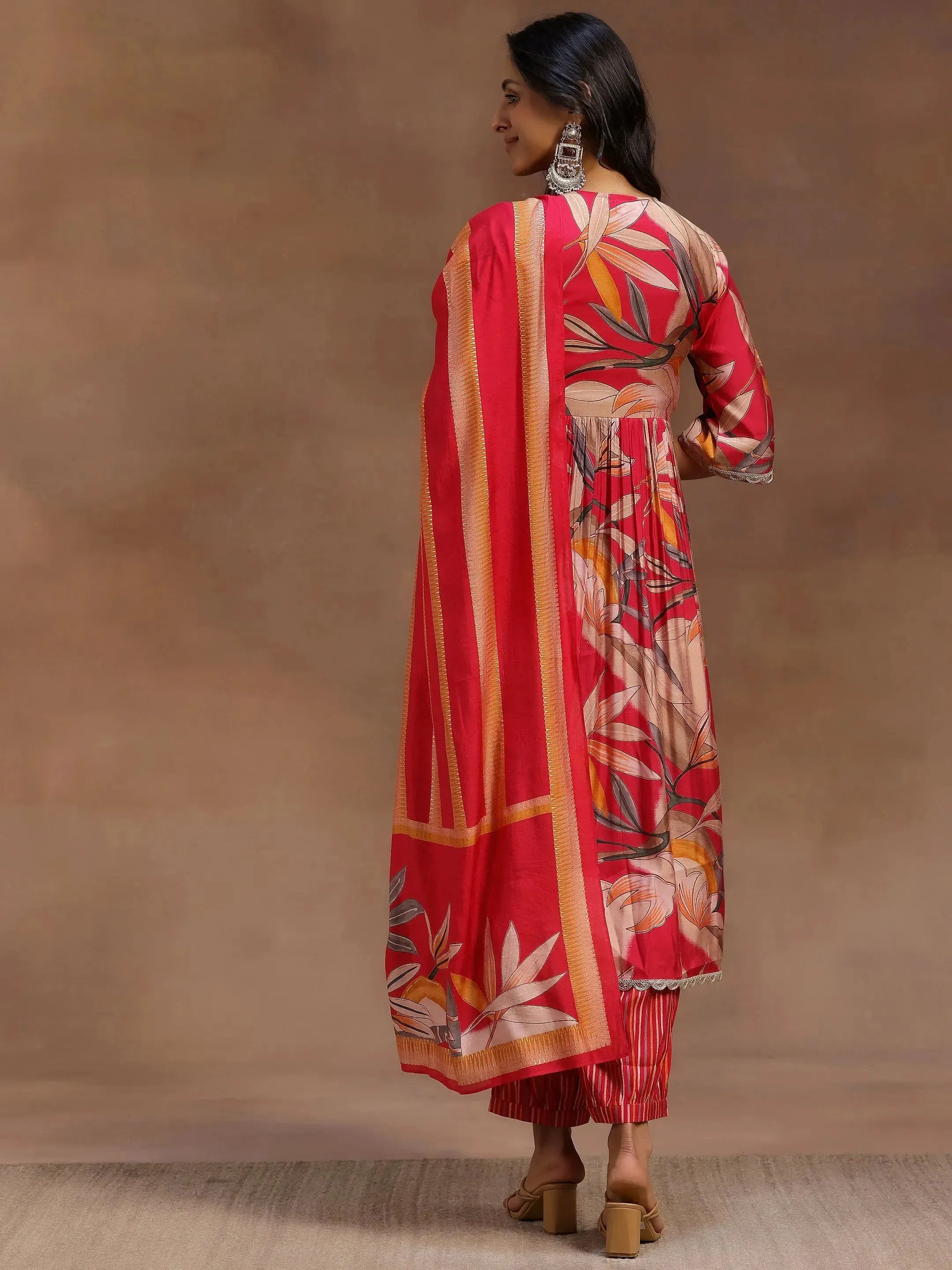 Pink Printed Silk Blend A-Line Kurta With Salwar & Dupatta