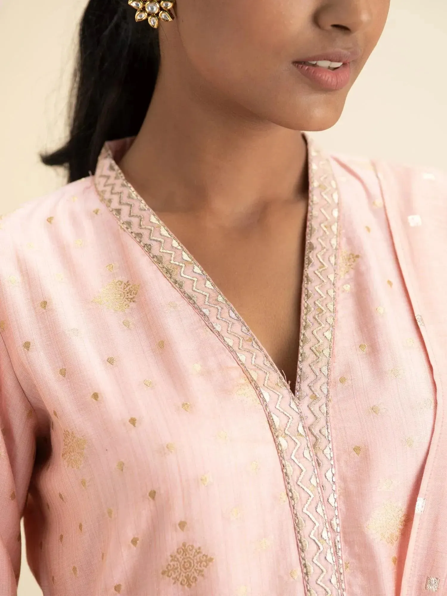 Pink Self Design Chanderi Silk Straight Kurta With Palazzos & Dupatta