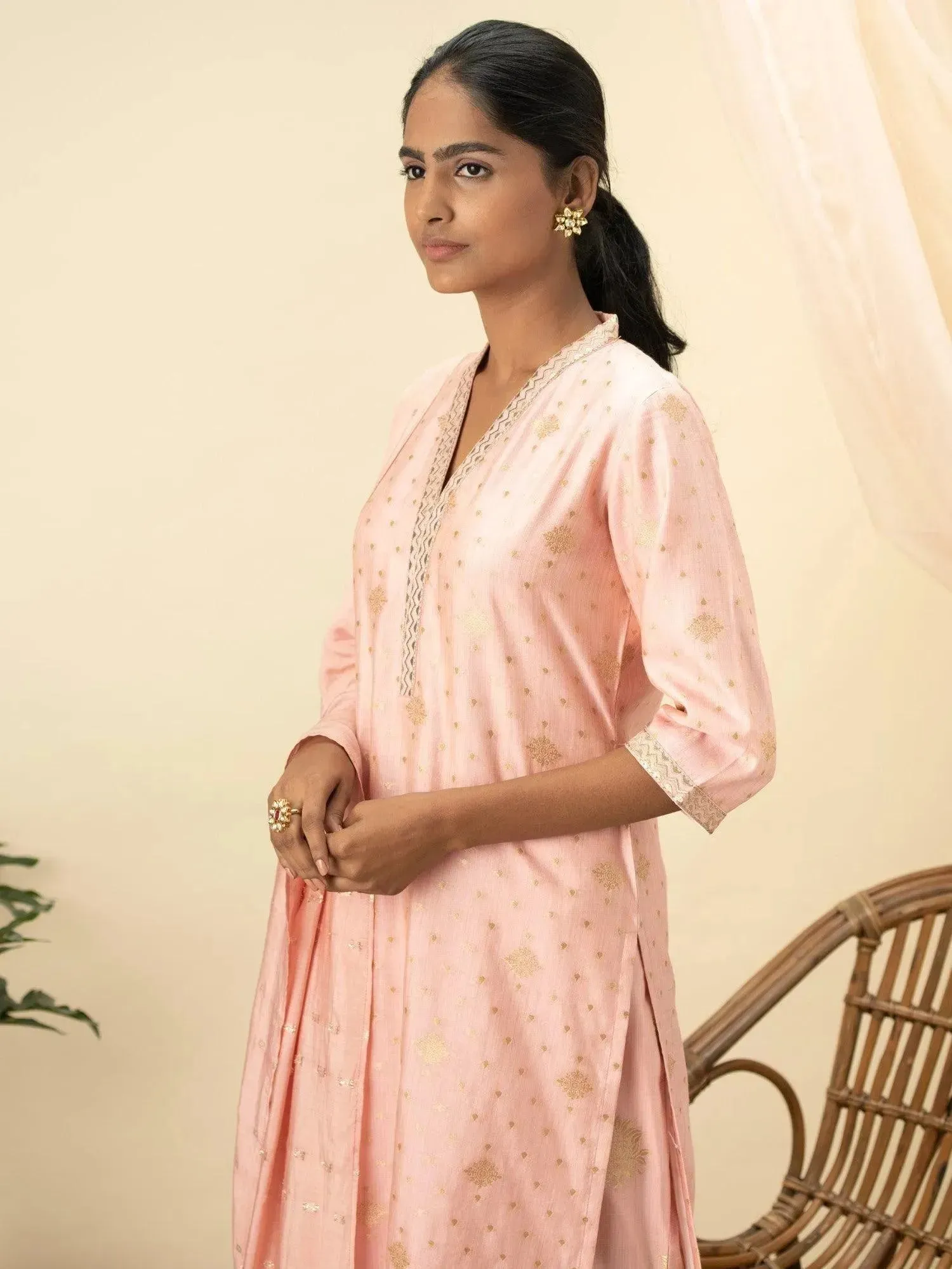 Pink Self Design Chanderi Silk Straight Kurta With Palazzos & Dupatta