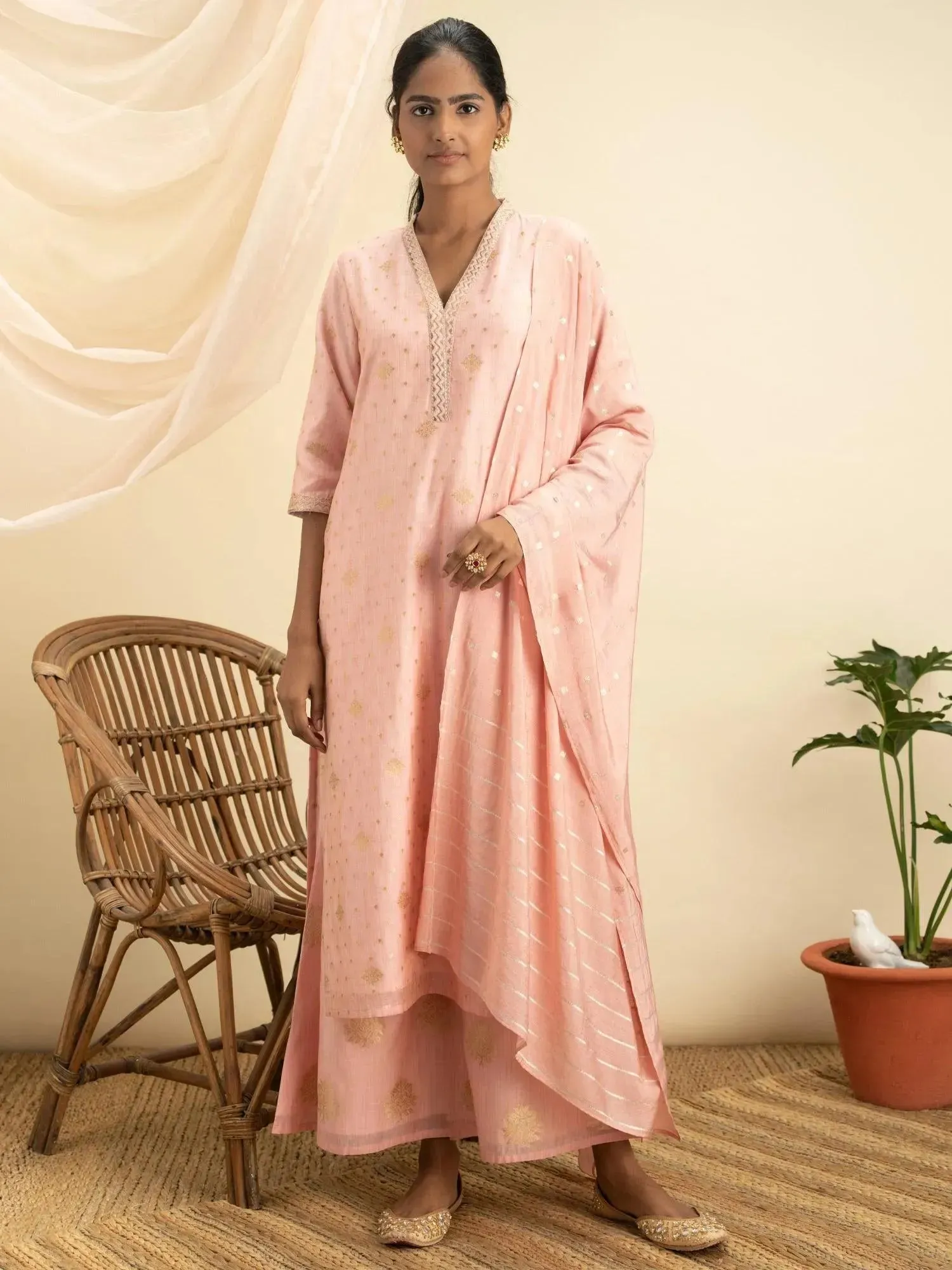 Pink Self Design Chanderi Silk Straight Kurta With Palazzos & Dupatta