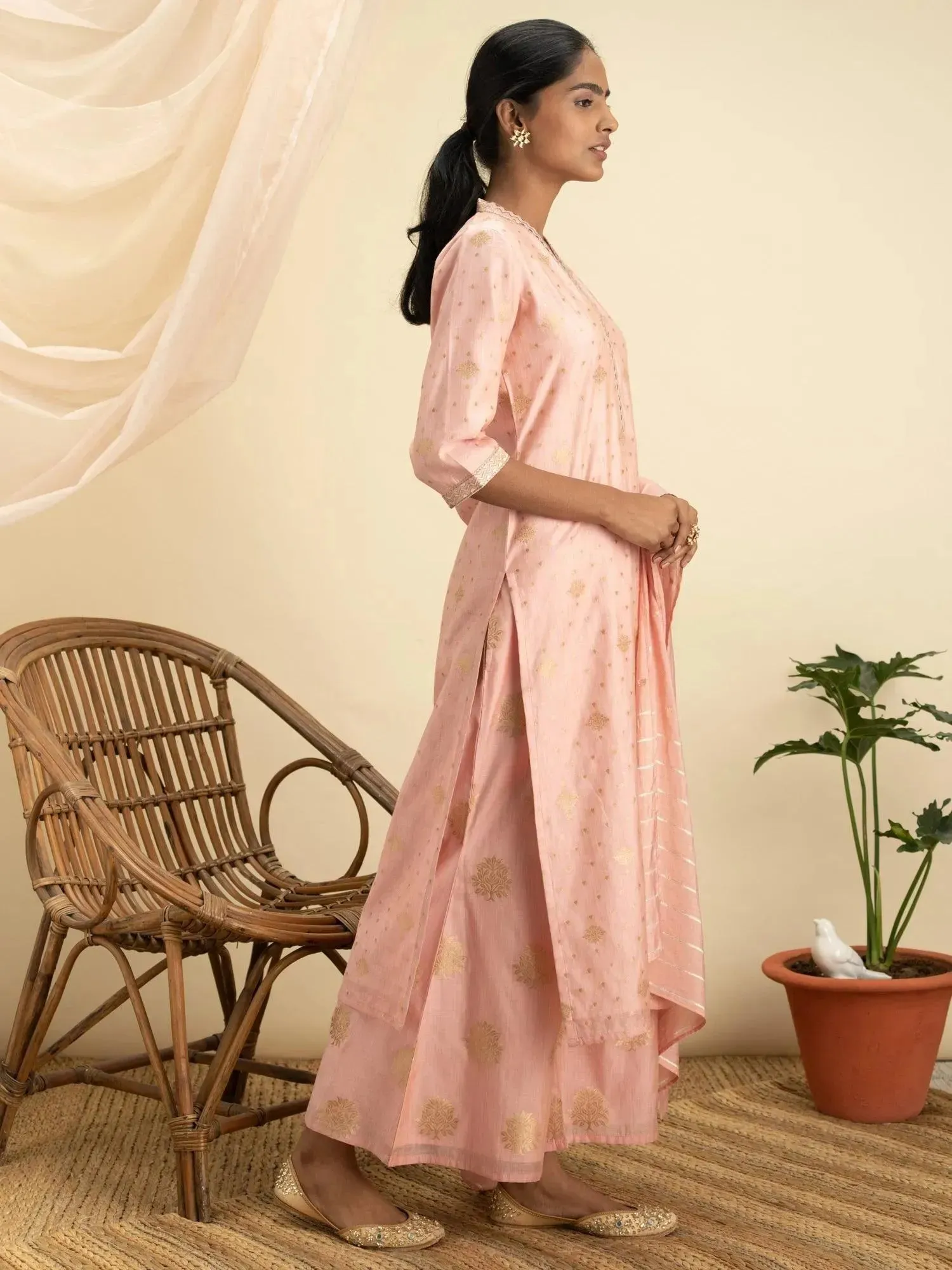 Pink Self Design Chanderi Silk Straight Kurta With Palazzos & Dupatta