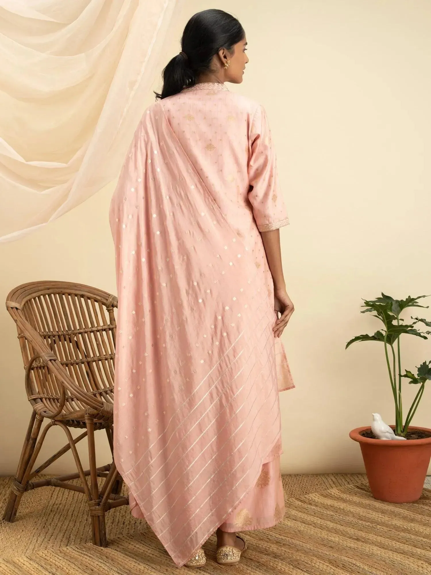 Pink Self Design Chanderi Silk Straight Kurta With Palazzos & Dupatta