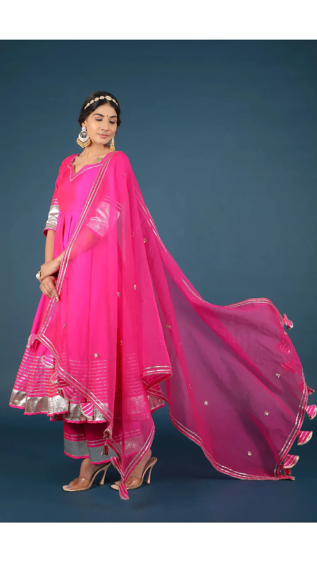 Pink Silk Lace Detailing Anarkali Suit Set with Organza Dupatta