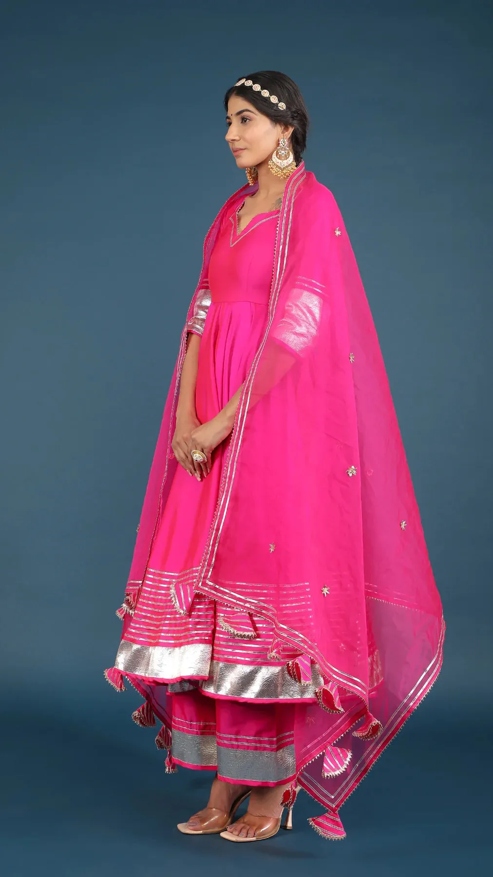 Pink Silk Lace Detailing Anarkali Suit Set with Organza Dupatta