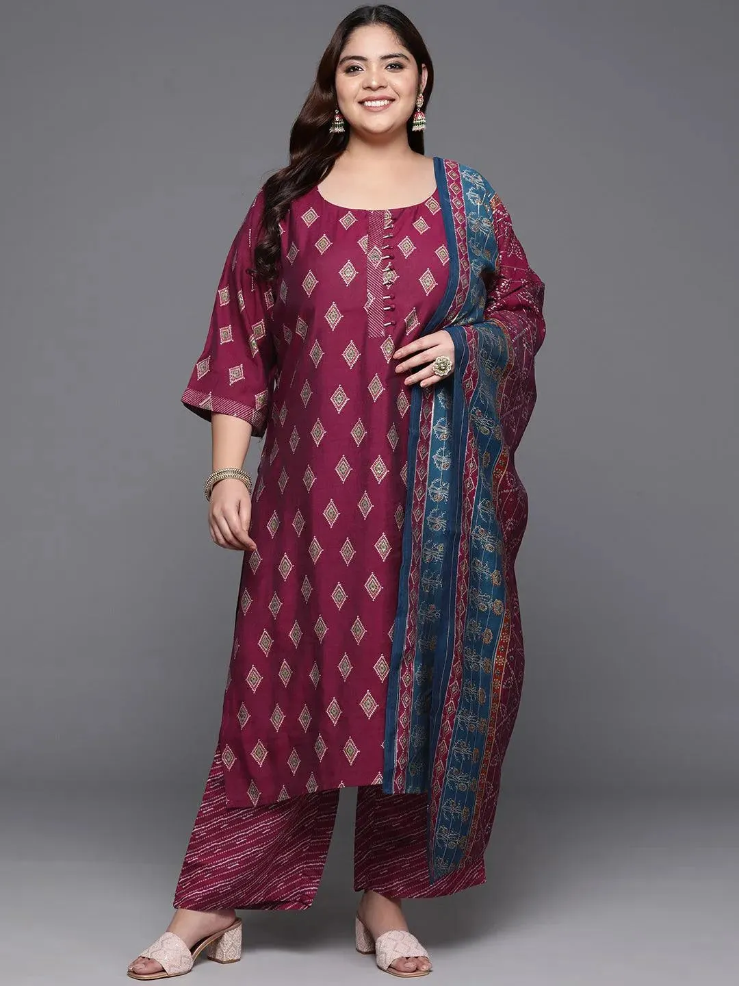 Plus Size Wine Printed Silk Blend Straight Suit With Dupatta