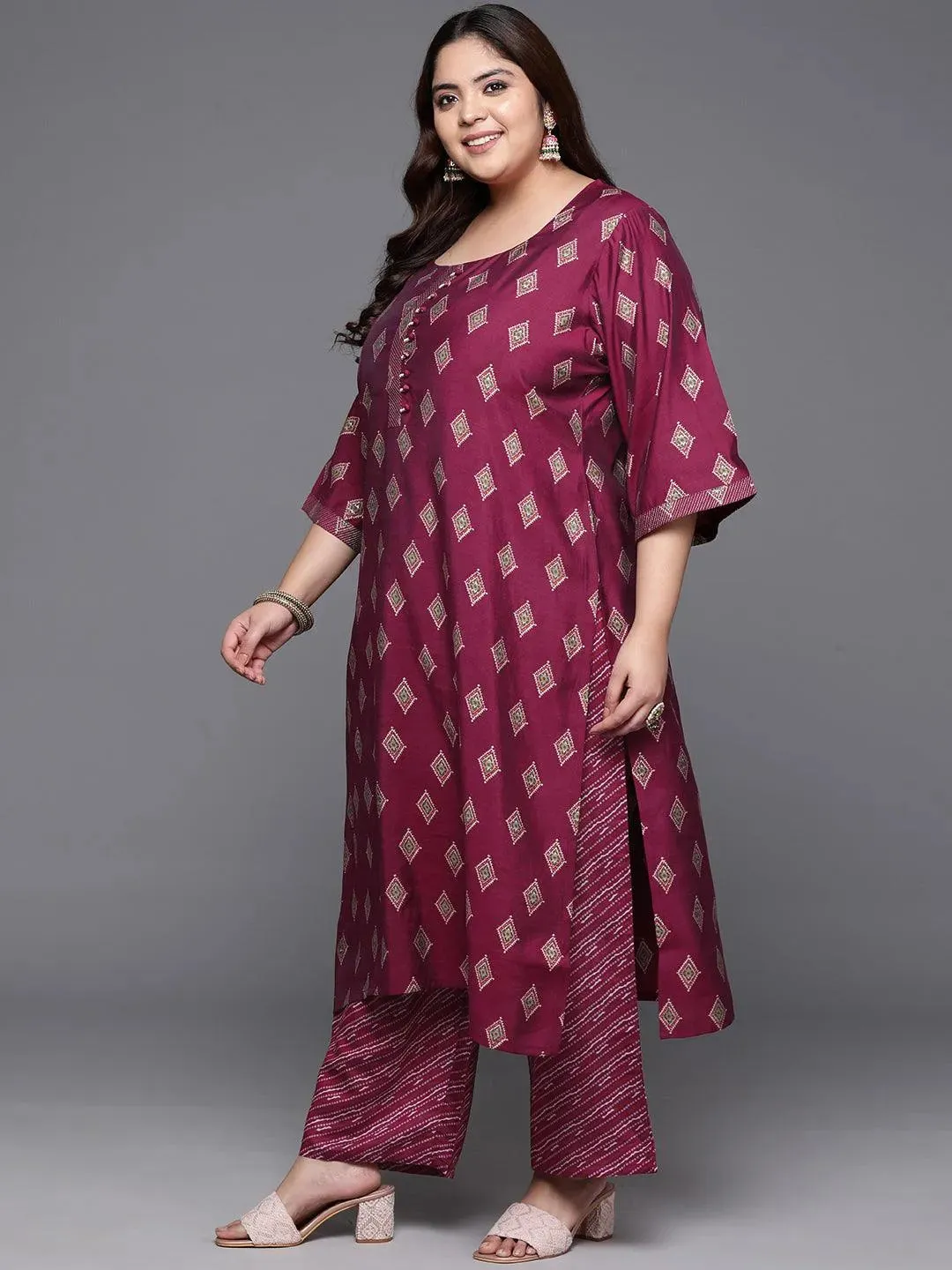 Plus Size Wine Printed Silk Blend Straight Suit With Dupatta