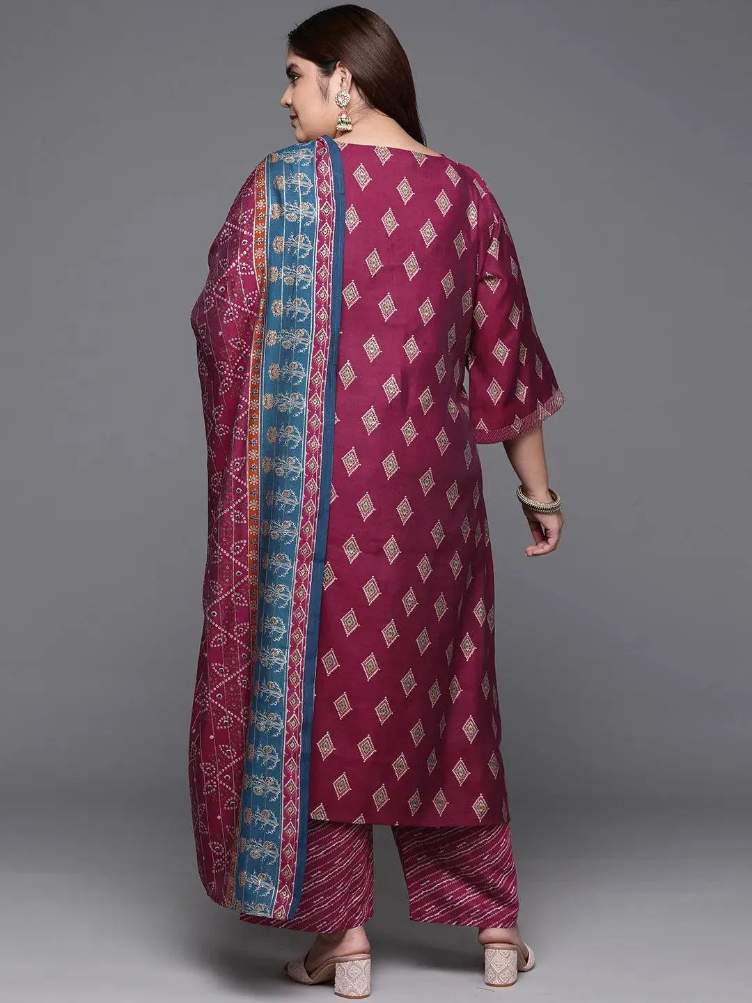 Plus Size Wine Printed Silk Blend Straight Suit With Dupatta