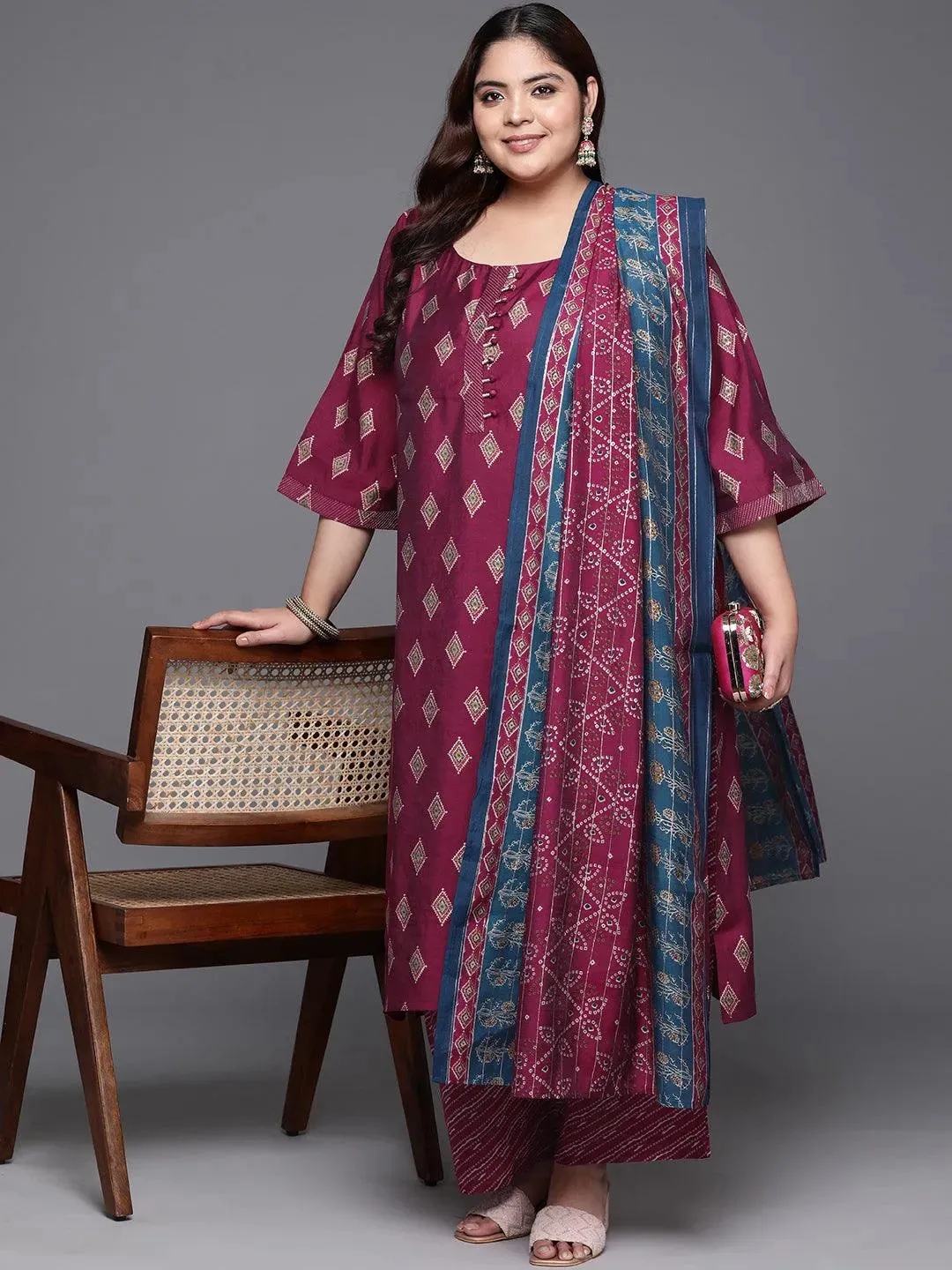 Plus Size Wine Printed Silk Blend Straight Suit With Dupatta