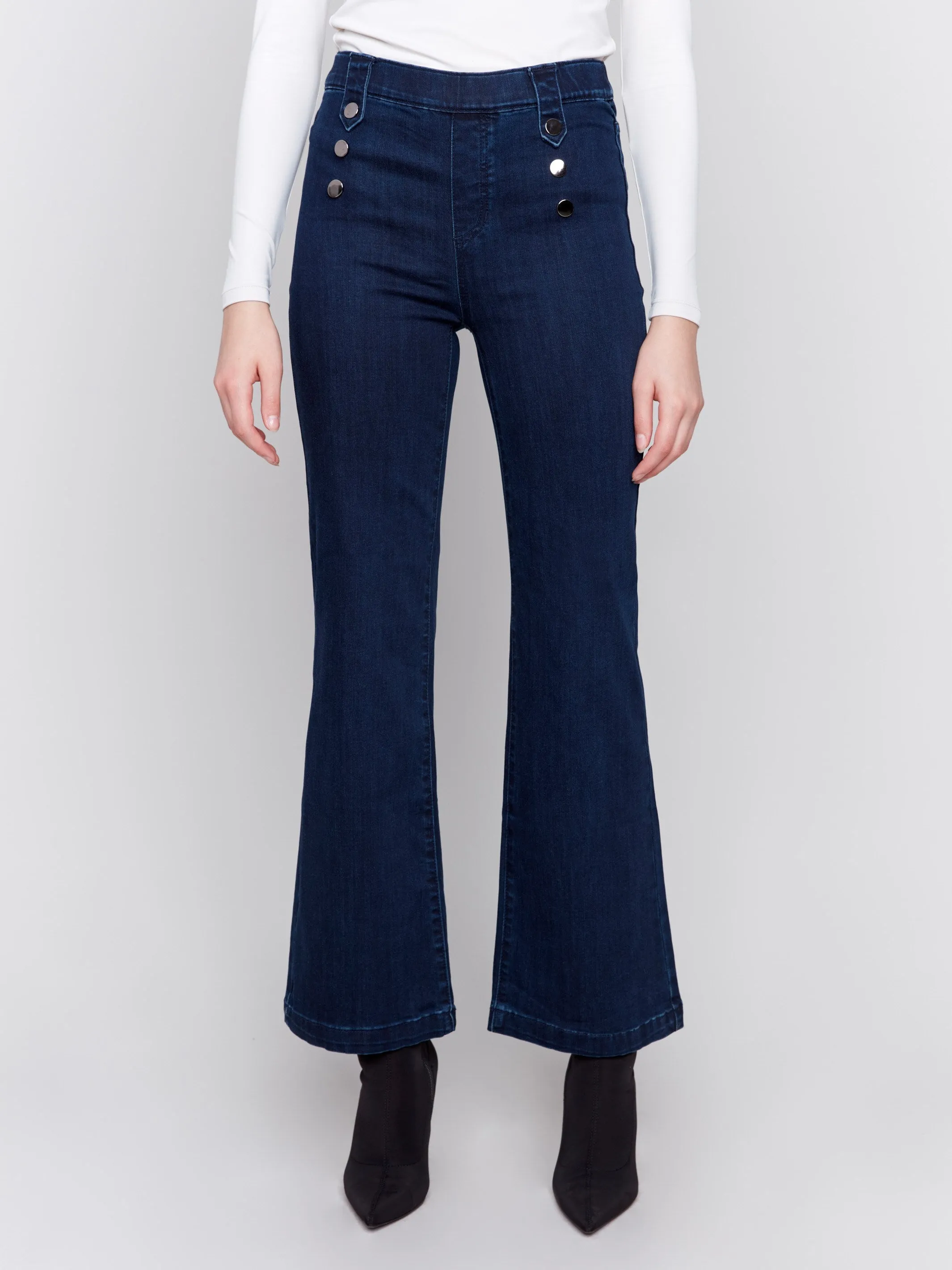 Pull-On Flare Jeans with Front Buttons - Blue Black