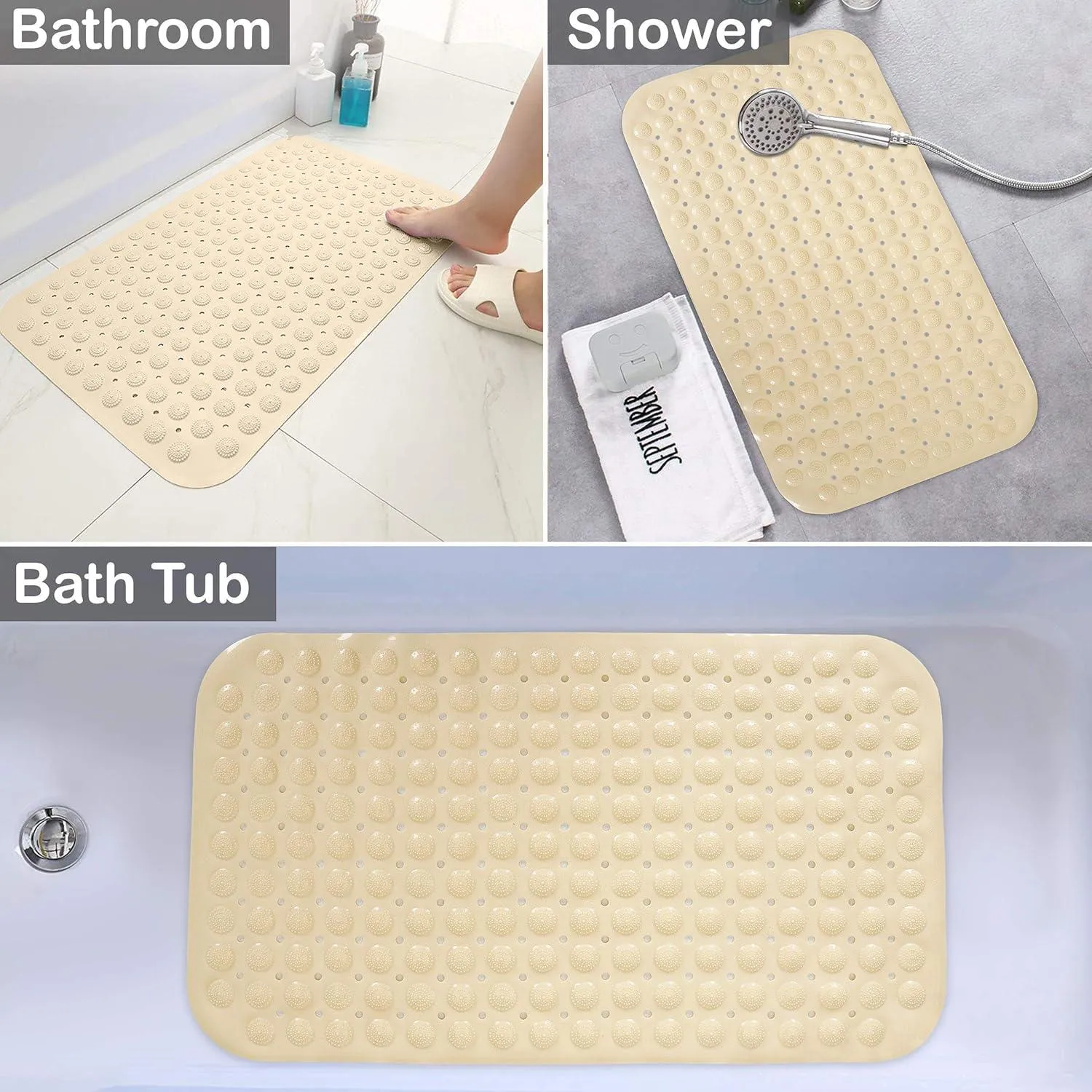 PVC Shower Mat Anti-Slip with Massage Acupressure Points, 46x78 cm, Beige