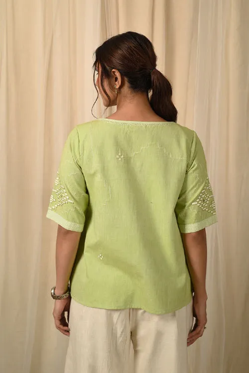 Rangsutra Baori Green Hand Embroidered Round Neck Top