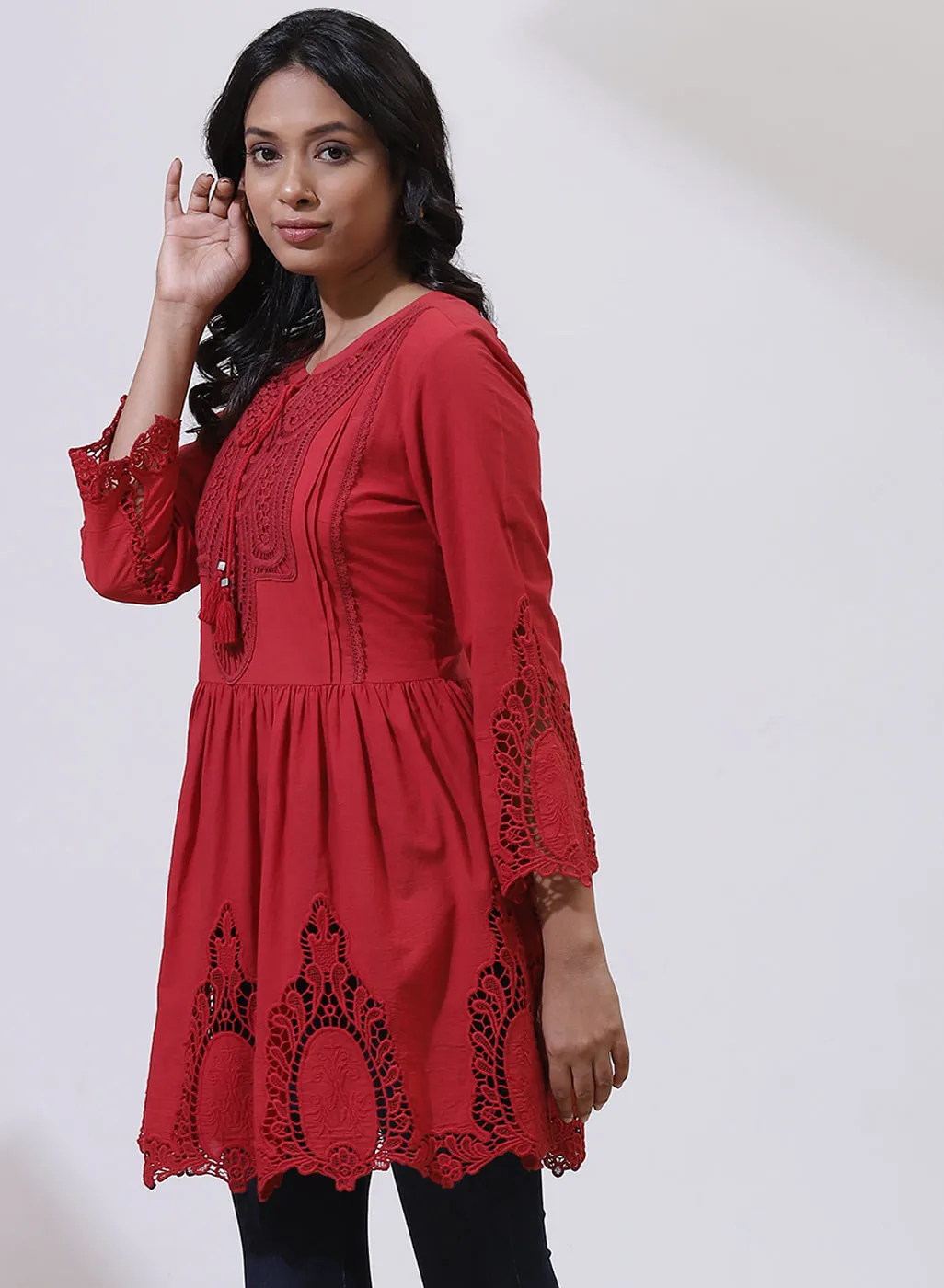 Red Phool Collection Tunic With Schiffli Embroidery