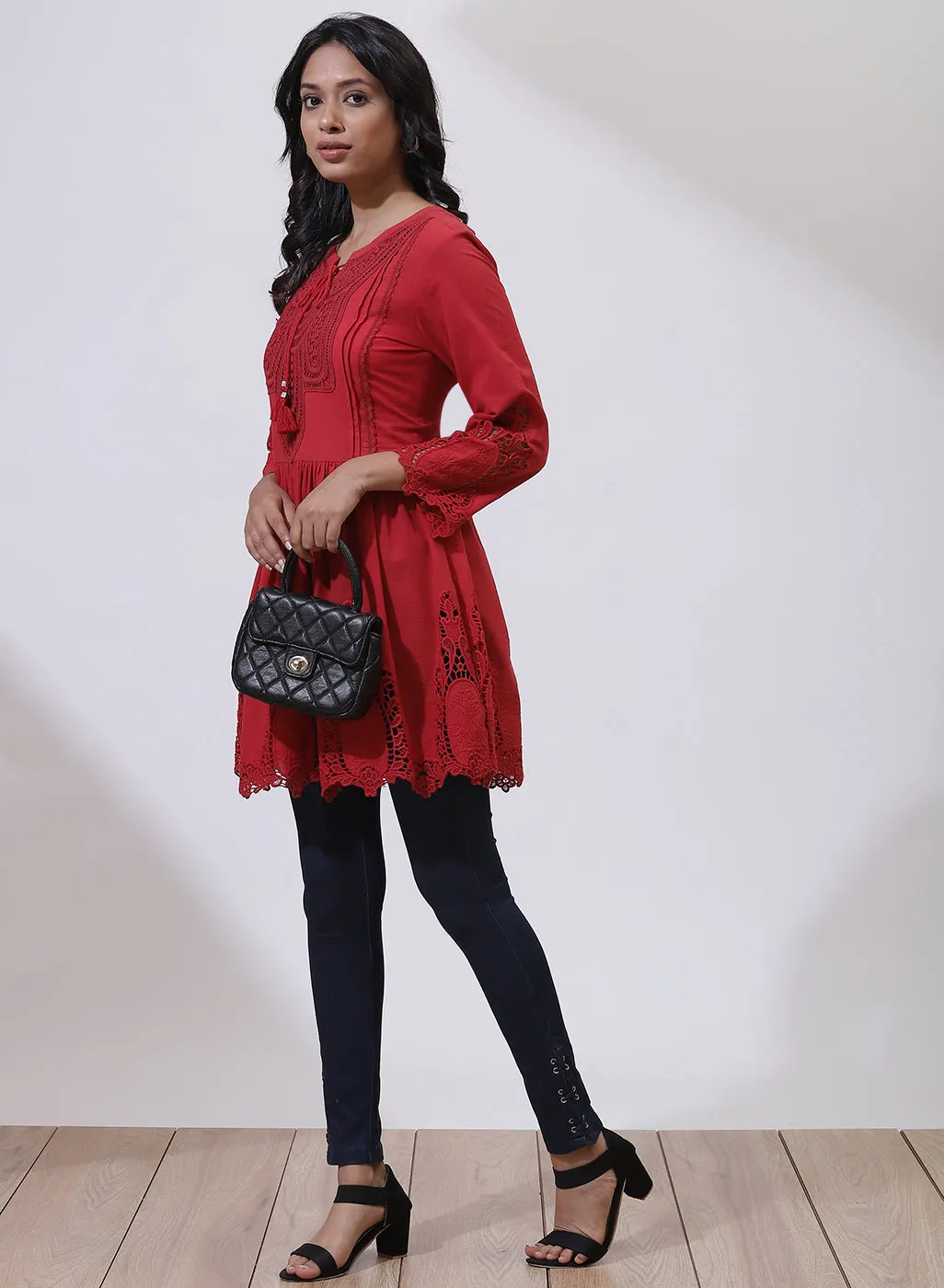 Red Phool Collection Tunic With Schiffli Embroidery