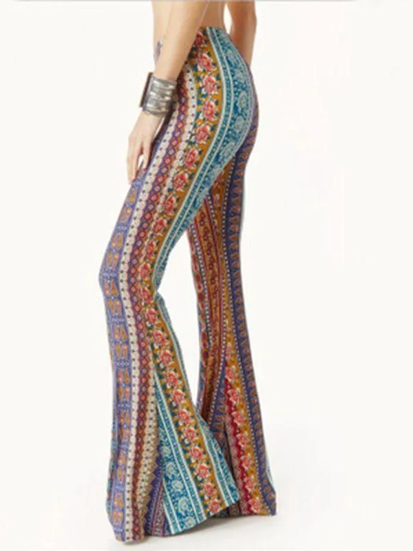 Retro Print Stripe Tight Type Flared Pants