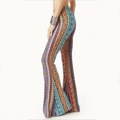 Retro Print Stripe Tight Type Flared Pants