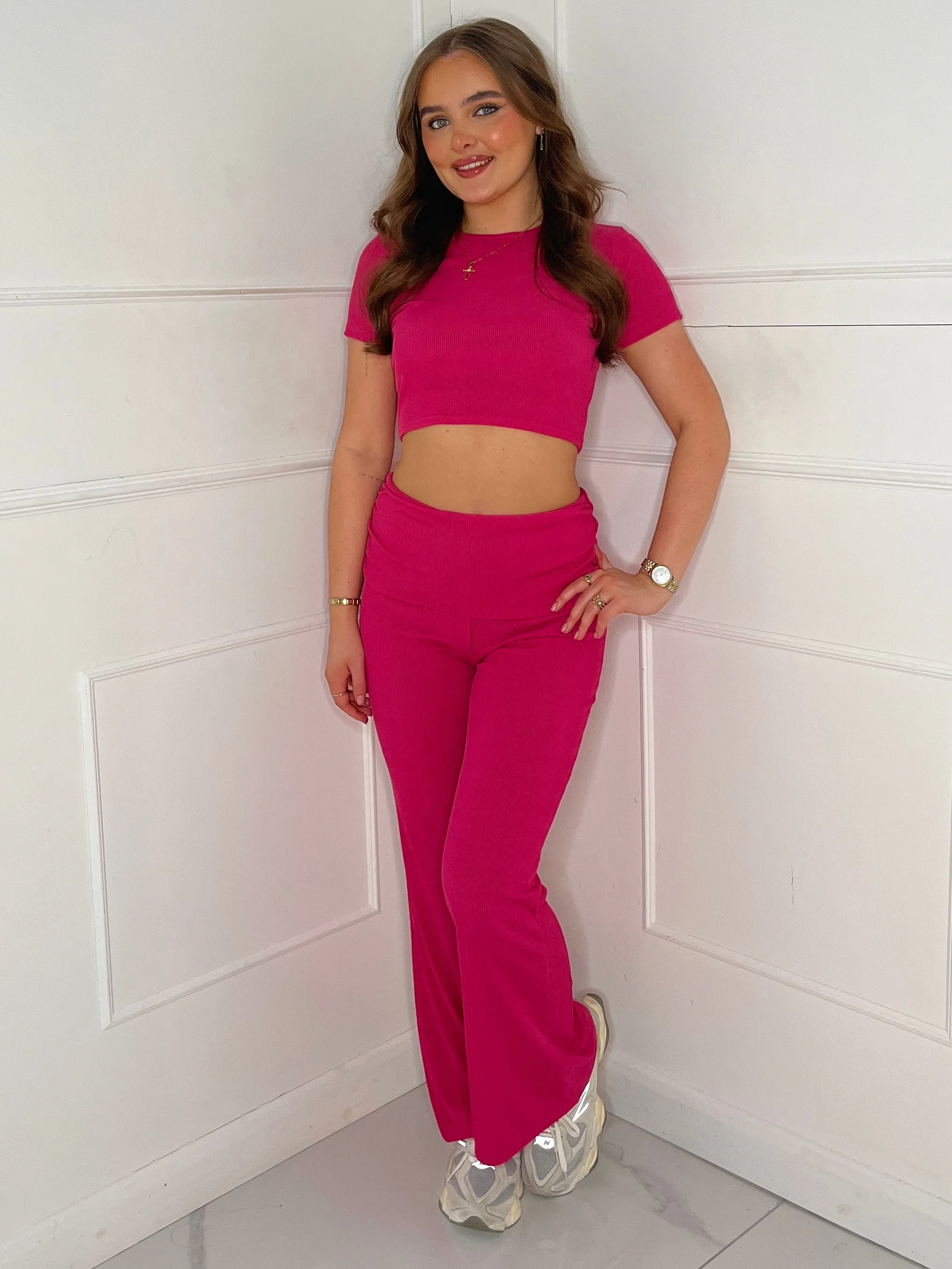 Ribbed Crop Top & Fold Over Flares Loungesuit - Hot Pink