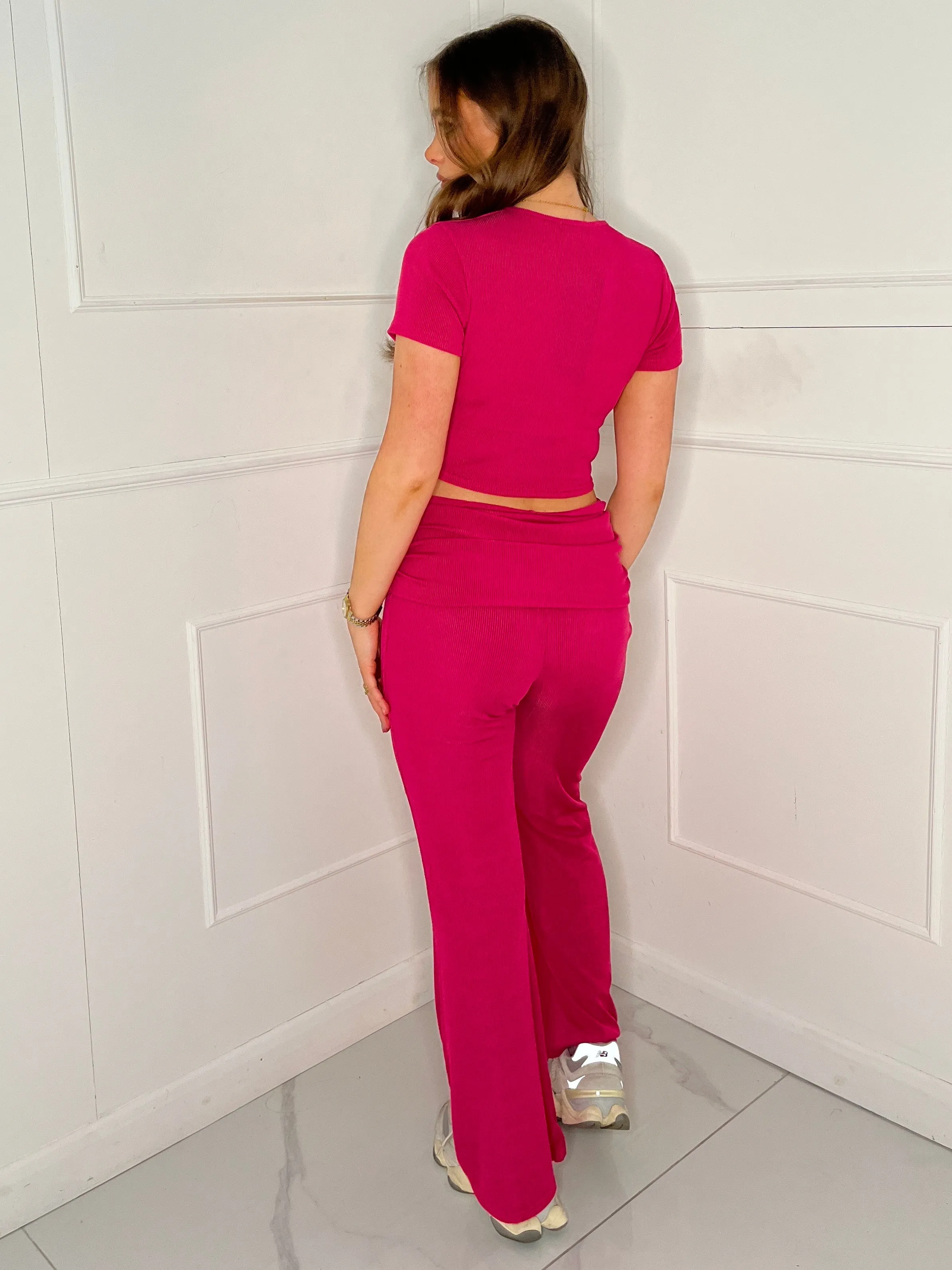 Ribbed Crop Top & Fold Over Flares Loungesuit - Hot Pink