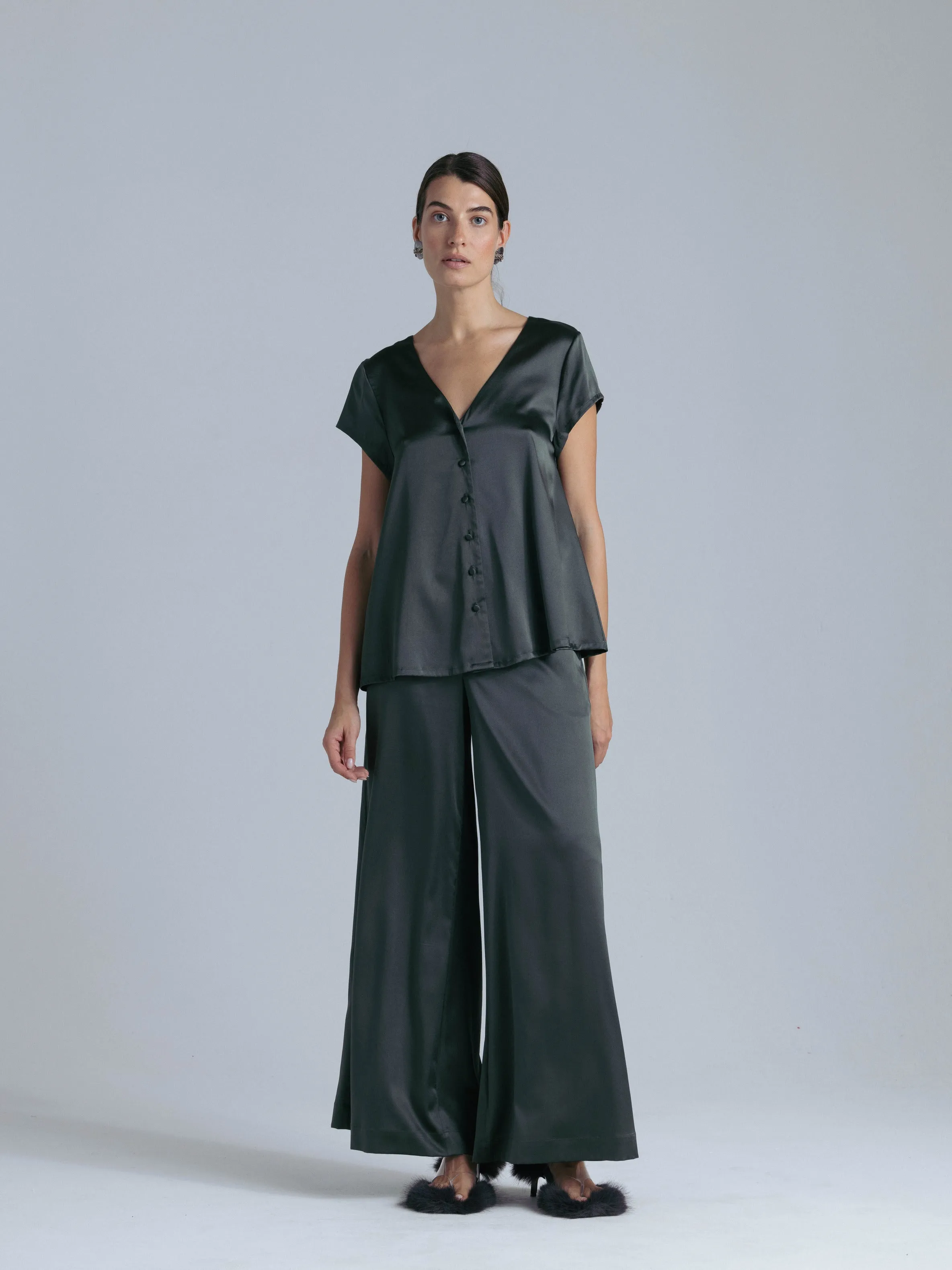 Silk Wide Leg Pants Set 'Leto' in Rich Green