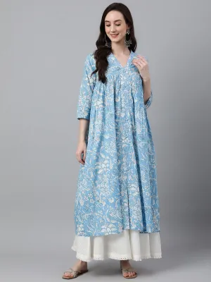 Sky Blue Cotton Floral Print Flared Kurta