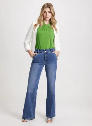 Sleeveless Halter Neck Top & Flared Denim Pants