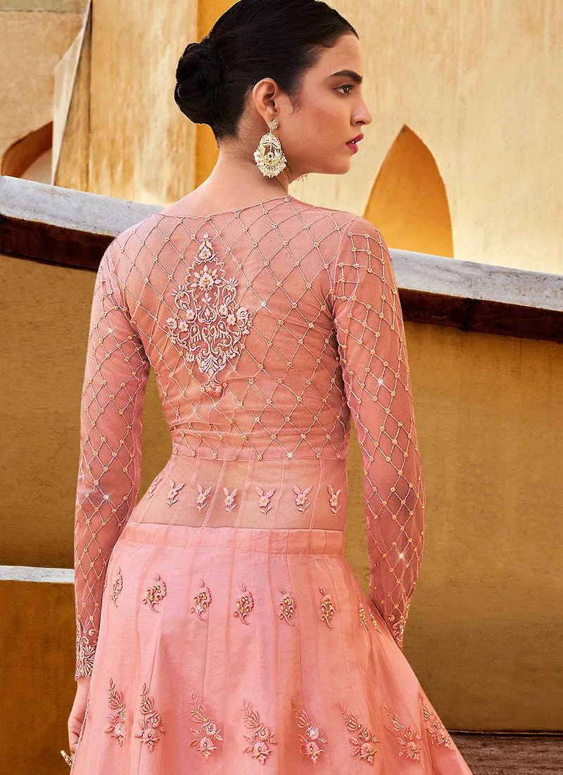 Soft Peach Embroidered Slit Style Anarkali Lehenga/Pant Suit