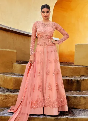 Soft Peach Embroidered Slit Style Anarkali Lehenga/Pant Suit