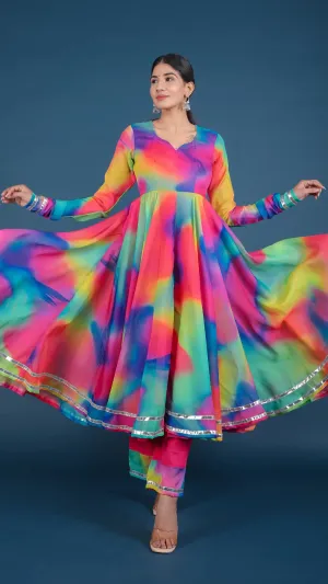 Solid Rainbow Organza Anarkali Suit Set with Dupatta