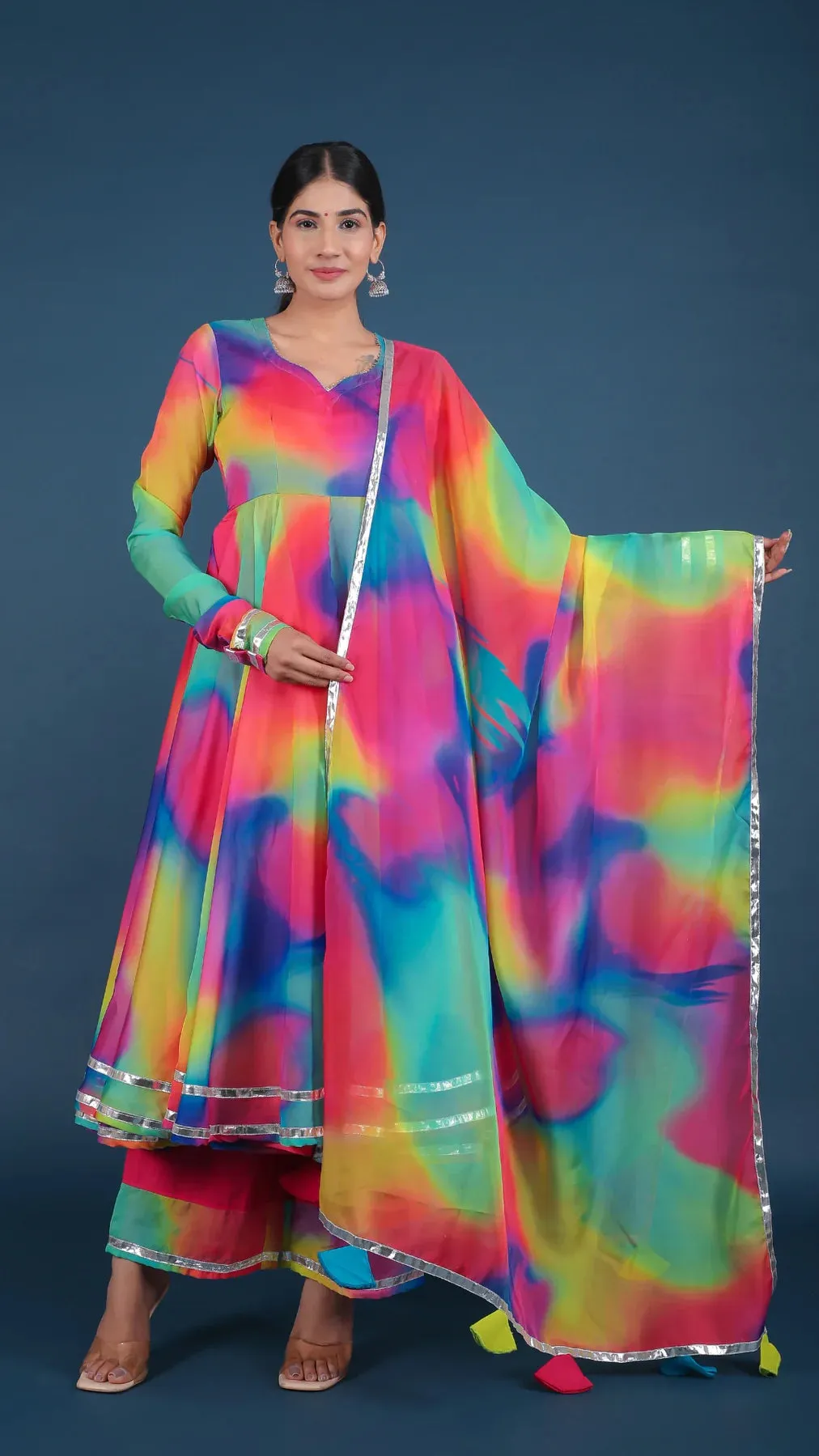 Solid Rainbow Organza Anarkali Suit Set with Dupatta