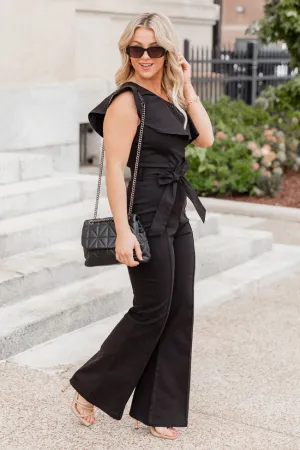 Something's Going On Black One Shoulder Belted Jumpsuit FINAL SALE