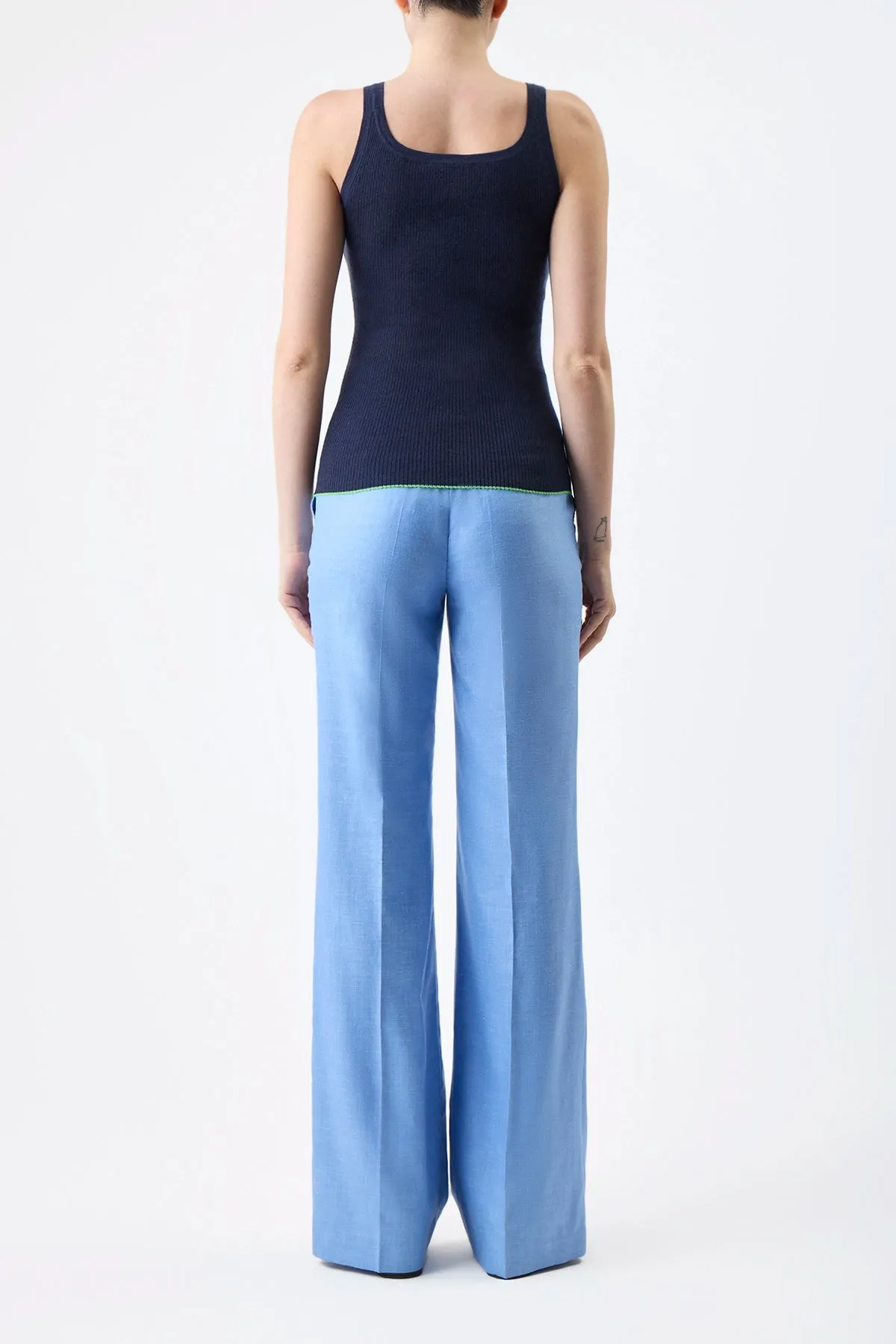 Vesta Pant in Light Blue Virgin Wool and Silk Linen Twill