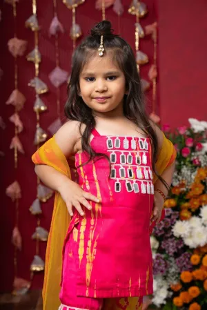 Vibrant Pink Mirror-Work Sharara Set with Dupatta for Kids