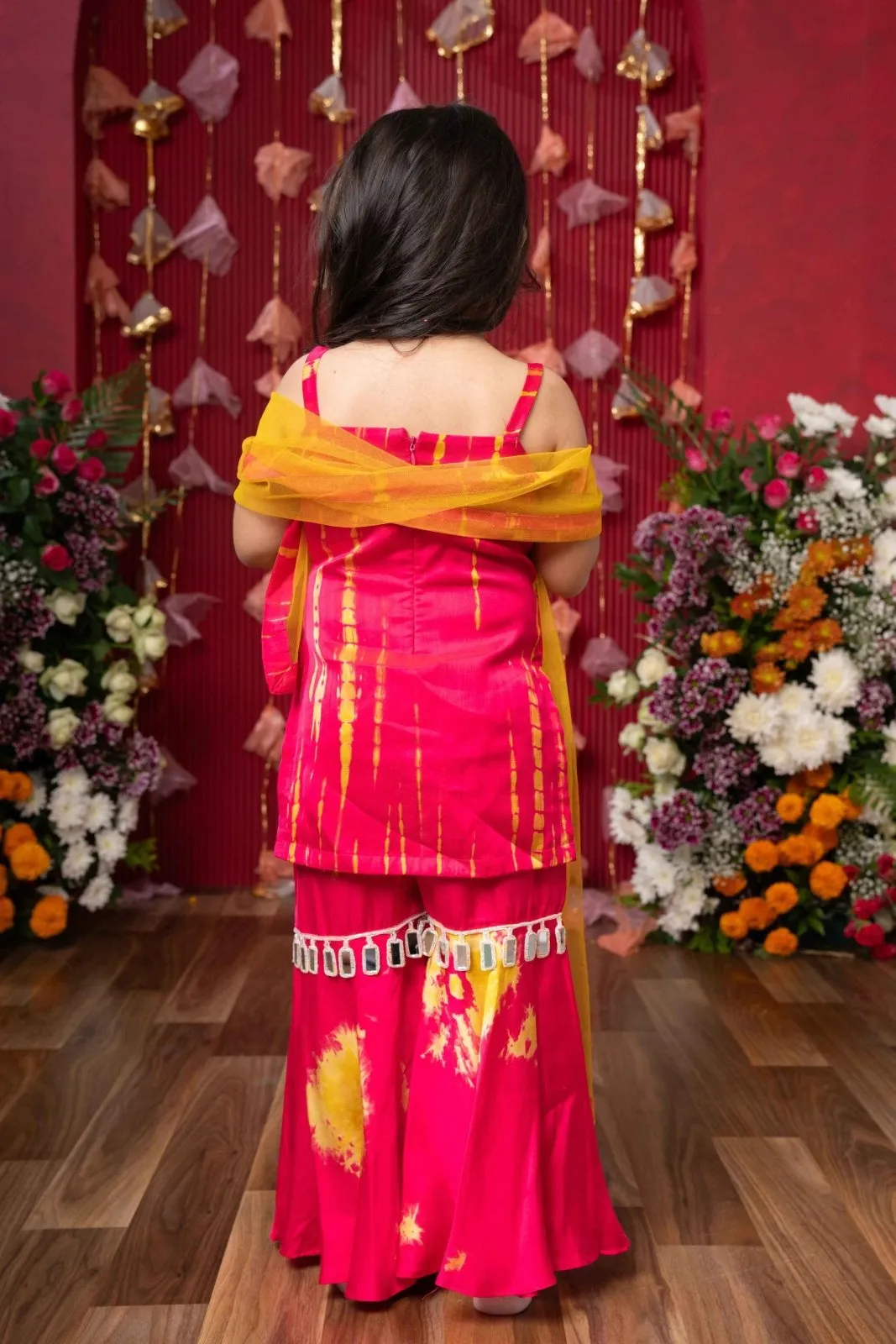 Vibrant Pink Mirror-Work Sharara Set with Dupatta for Kids