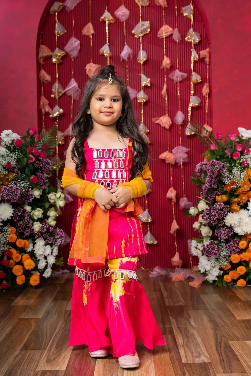 Vibrant Pink Mirror-Work Sharara Set with Dupatta for Kids