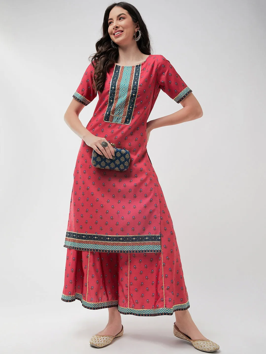 Wedding Inspired Digital Printed Yoke With Lace Kurta With Flared Palazzo Set