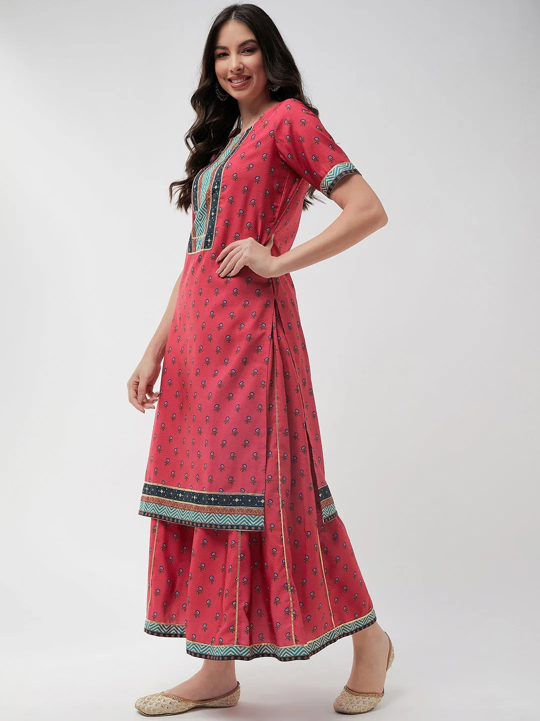 Wedding Inspired Digital Printed Yoke With Lace Kurta With Flared Palazzo Set