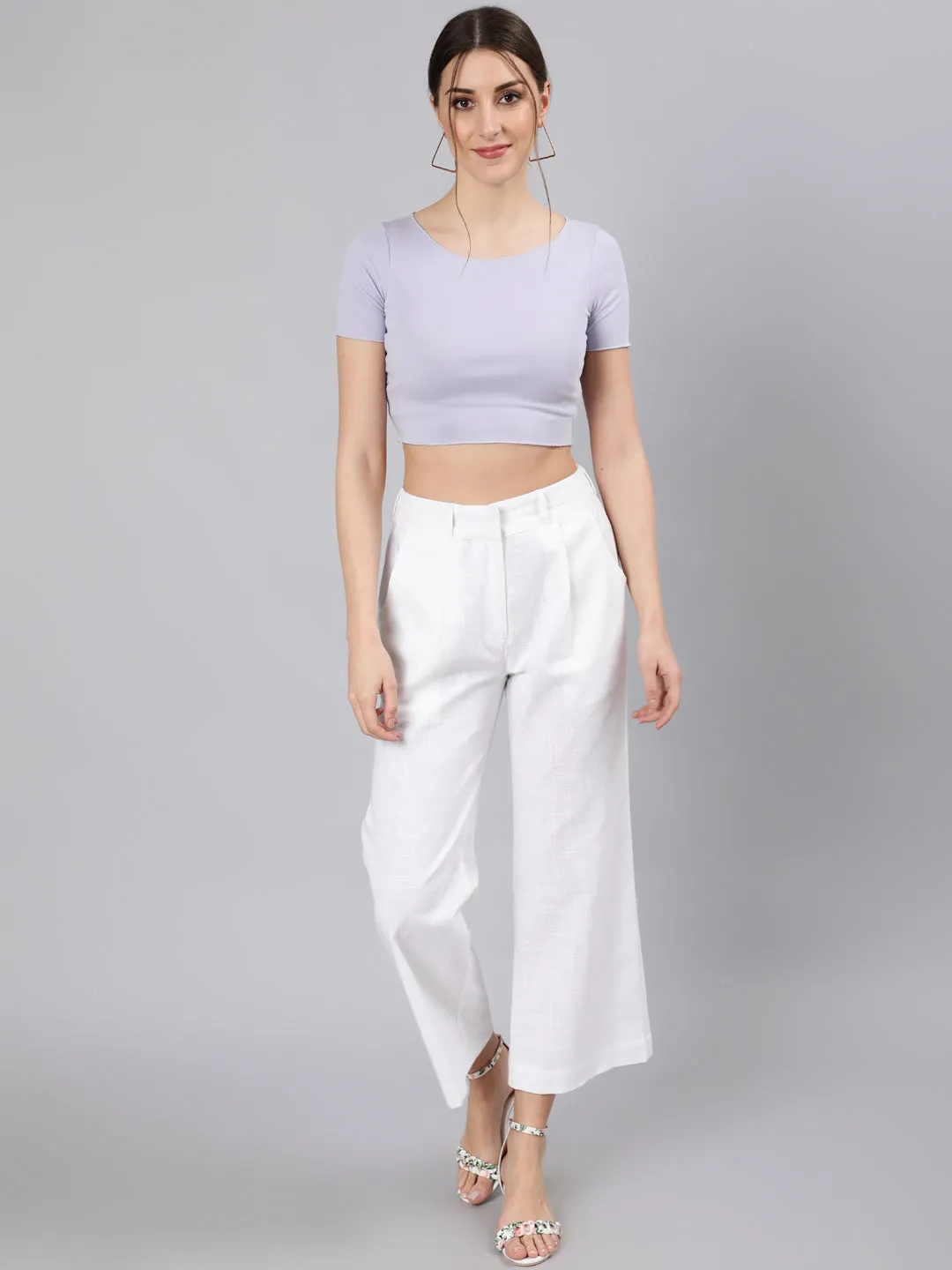 White Cotton Slub Flared High Rise Parallel Pants