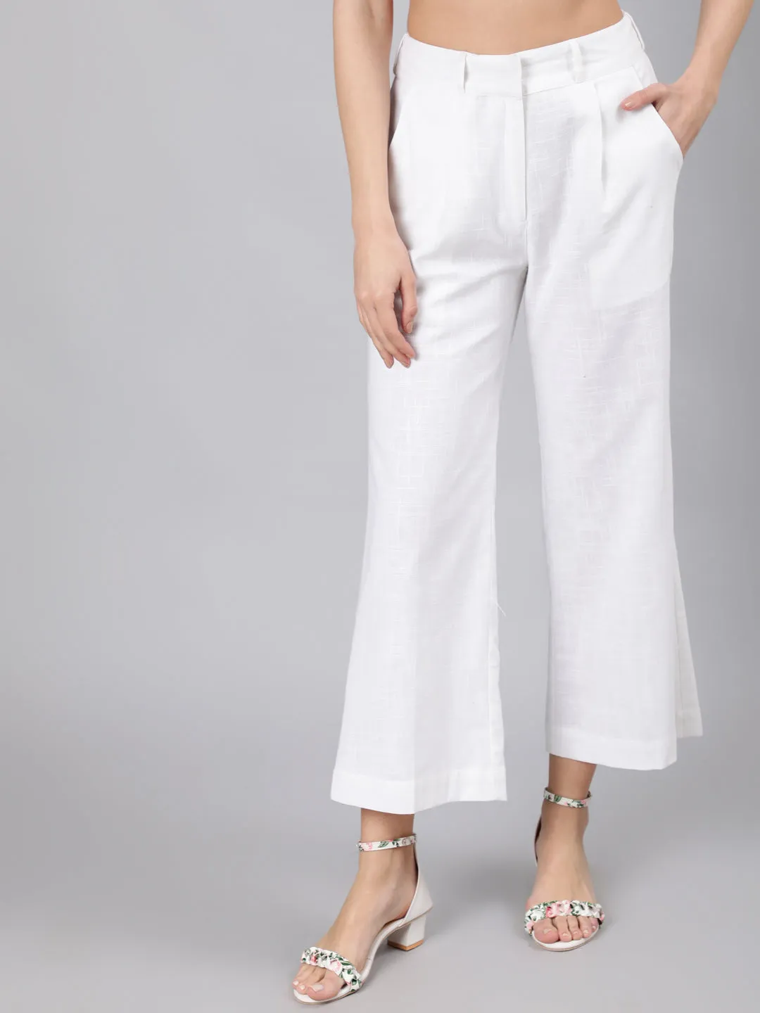 White Cotton Slub Flared High Rise Parallel Pants