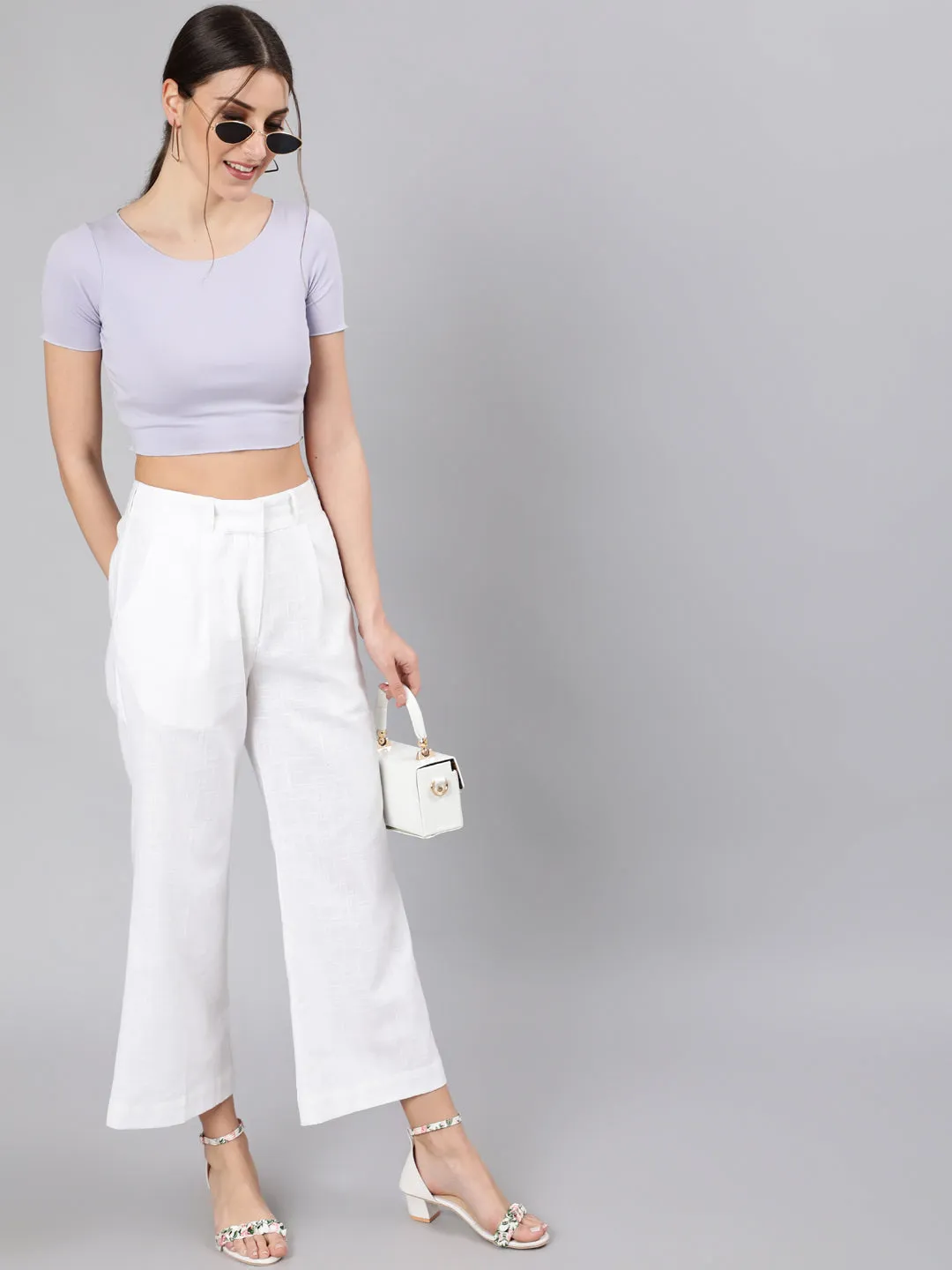 White Cotton Slub Flared High Rise Parallel Pants