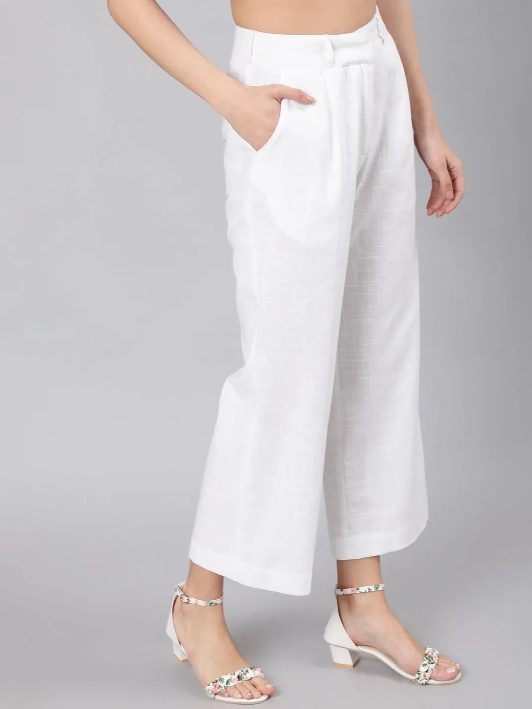 White Cotton Slub Flared High Rise Parallel Pants