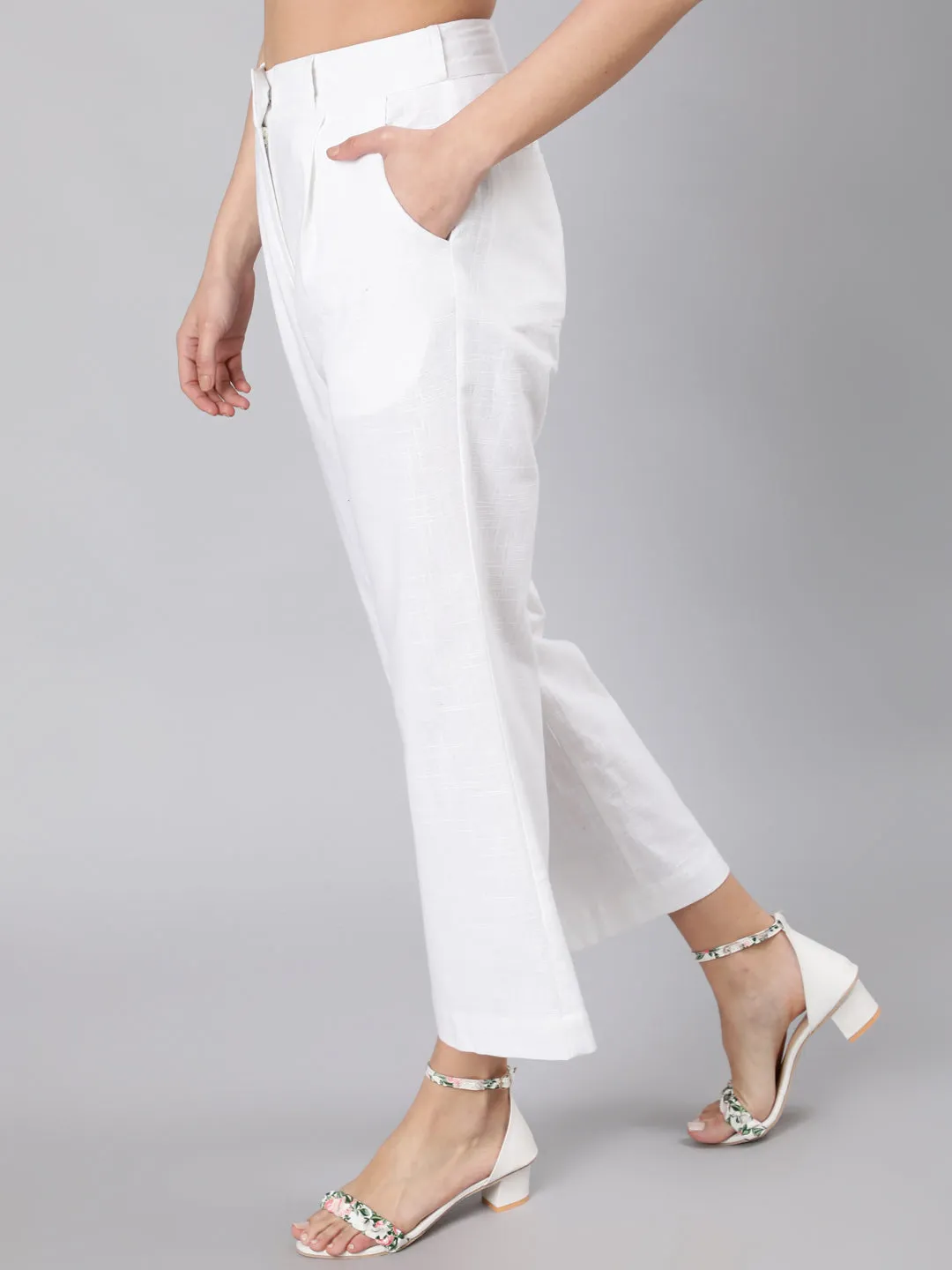 White Cotton Slub Flared High Rise Parallel Pants