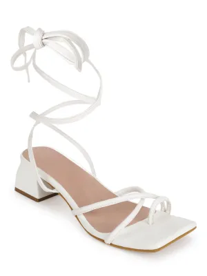 White PU Lace Up Block Heel Sandals (TC-SLC-B-62-WHT)