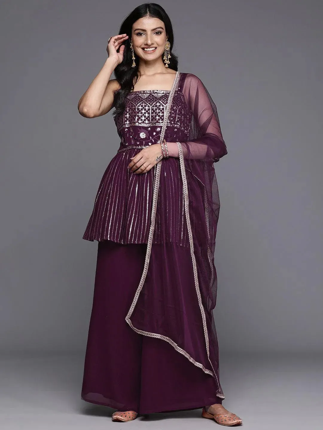 Wine Embroidered Georgette A-Line Kurti With Palazzos & Dupatta