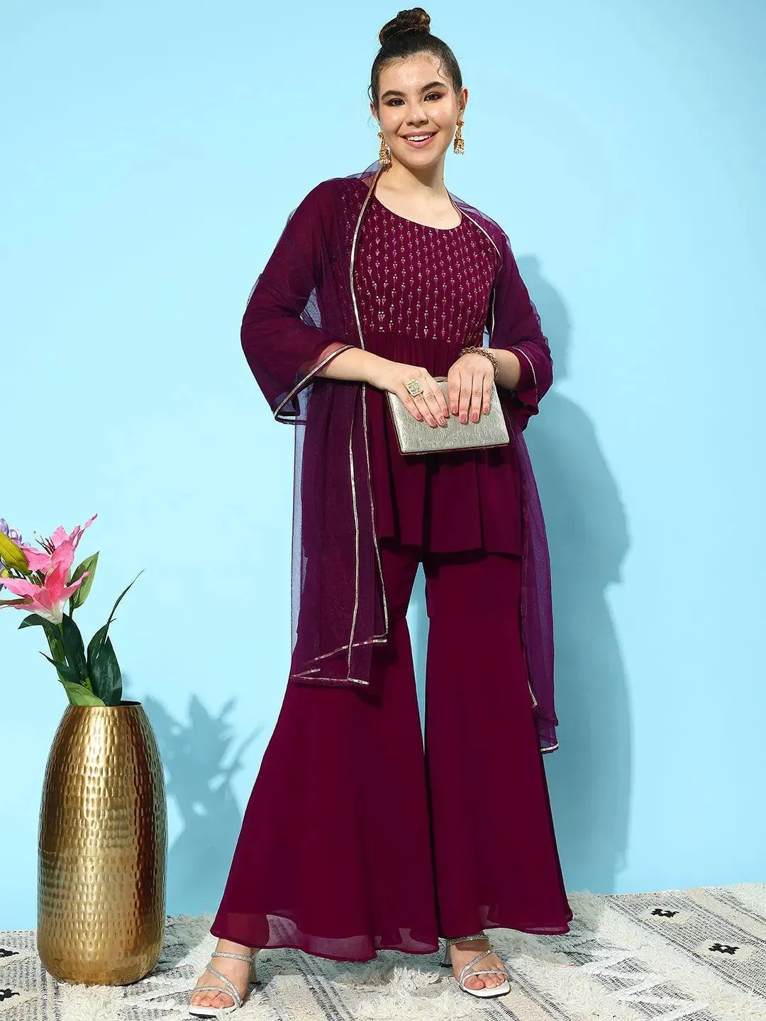 Wine Embroidered Georgette A-Line Sharara Suit Set With Dupatta